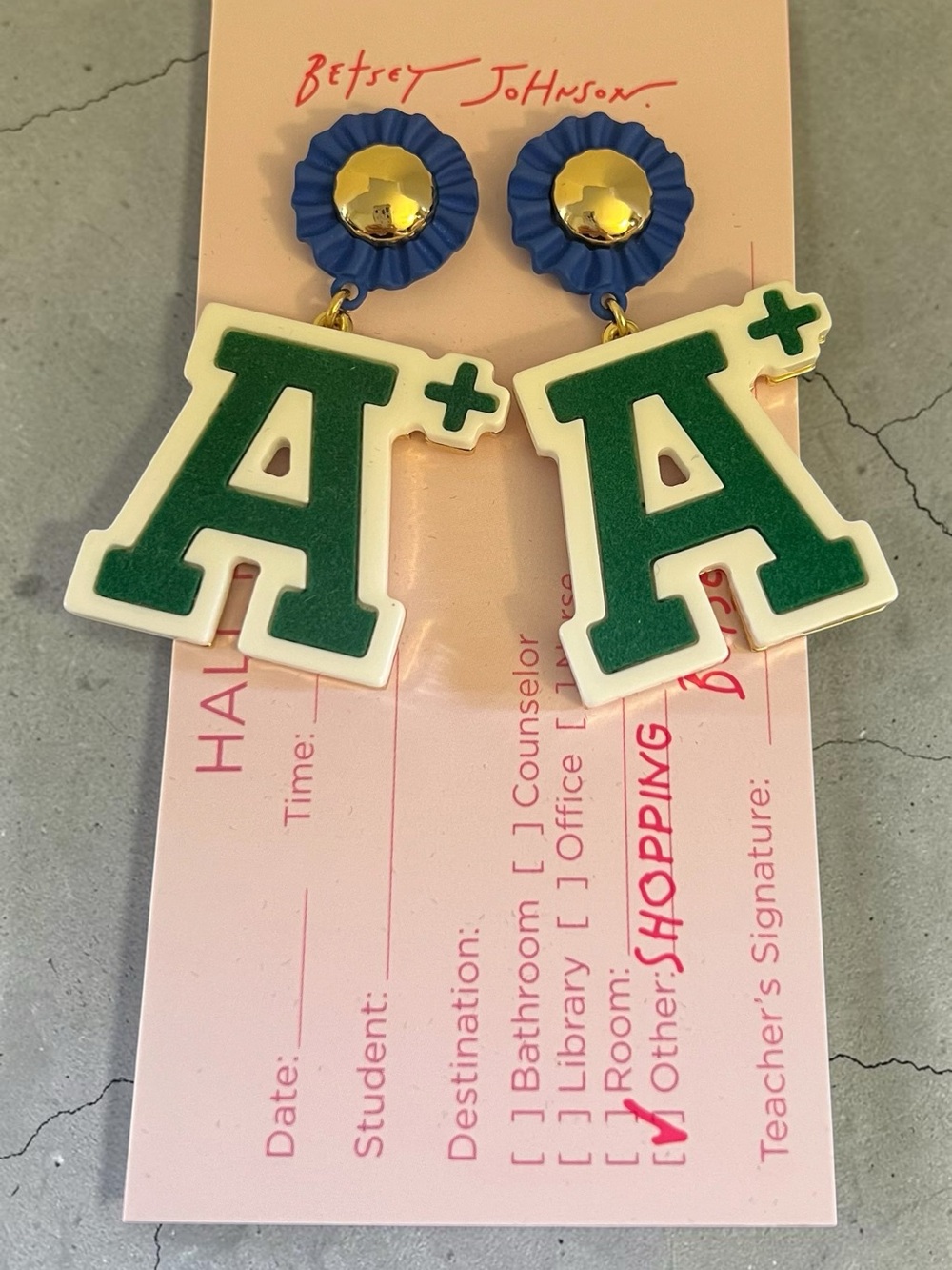 Betsey Johnson Blue, Gold & Green A+ Drop Earrings for Kids
